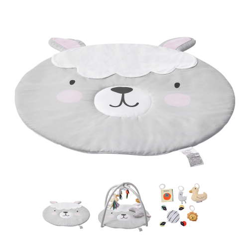 KFFKFF Infant Play Mat, Belly Time Mat with 5 Interactive Toys, Infant Activity Mat with Illuminated Melodic Duck Toy for Ages 0-18 Months, Essential Infant Present