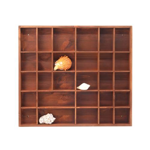 Brown Wooden Display with 28 Compartments | Shadow Curio Box | Teak color Wall Hanging Organizer | Divided Shelf | Antique Curios Collection