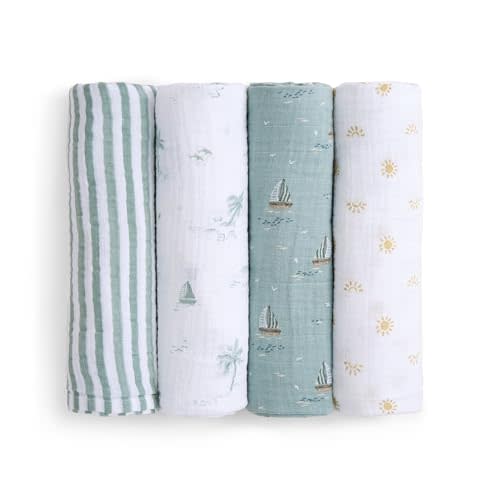 aden + anais Boutique Organic Swaddle Blanket 4-Pack – 100% Organic Cotton Muslin, Large, Soft, Breathable Receiving Blankets for Infants – Lightweight Multi-Use Baby Swaddles, Sailing Seas