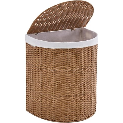 Half Round Wicker Laundry Hamper with Lid and 2 Removable Liner Bags, Handwoven Natural Water Hyacinth Laundry Basket for Dirty Clothes, Natural