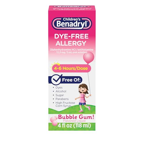 Children's Benadryl Dye-Free Allergy Relief Liquid + 12.5 mg Diphenhydramine HCl, Antihistamine Allergy Medicine for Kids Helps Relieve Runny Nose & Sneezing, Bubble Gum Flavor, 4 fl. oz