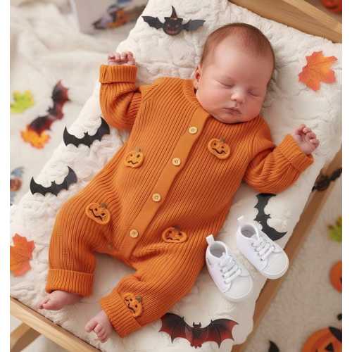 Custom Name Back Baby Halloween Romper, 3D Pumpkin Knit Jumpsuit, Personalized First Fall Outfit, Trick or Treat Baby Clothes Gifts