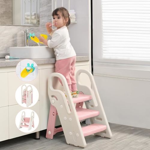 Onasti Foldable Toddler Step Stool for Bathroom Sink, Adjustable 3 Step Stool for Kids Toilet Potty Training Stool with Handles, Child Kitchen Counter Stool Helper, Plastic Ladder for Toddlers Blue