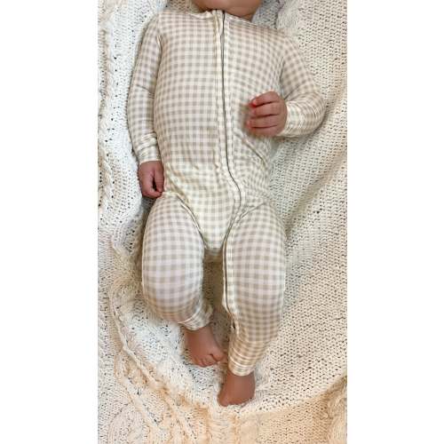 Baby Bamboo Zippered Onesie (Oatmeal Gingham) – Luli & Sage – Bamboo Pajamas for Moms & Littles