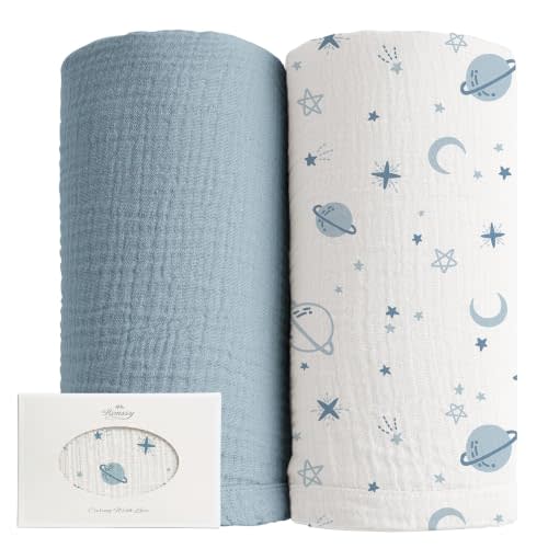 Konssy Muslin Swaddle Blankets, 100% Cotton Receiving Blankets, 47"x 47" | 2 Pack, Ultra Soft & Lightweight, Perfect for Receiving & Swaddling, Newborn to Toddler, Boys & Girls (Star,Blue)