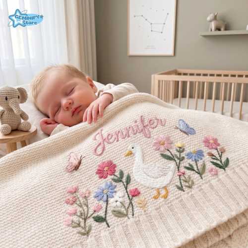Embroidered Cute Goose Cotton Blanket, Custom Name Blanket, Flower Nursery Blanket, New Baby Gift, Girl Birthday Gift, Baby Shower Blanket