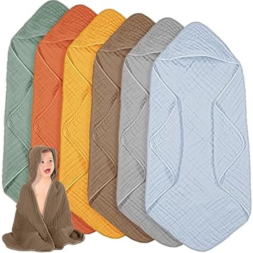 Peryiter 6 Pcs Muslin Hooded Baby Towels, 32x 32'' Cotton Newborn Bath Towel Muslin Infant Baby Blankets Absorbent Unisex Christmas Registry Gift Essentials for Girls Boys (Yellow,Blue,Green,Orange)