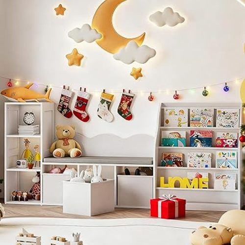 66.9" Kids Bookshelf with Reading Nook, 3-in-1 Kids Bookcase with Cushion and Sling Shelf, Toy Chest Storage with Fabric Drawers, Reading Nook for Kids, for Playroom, Nursery, White MCW08WB