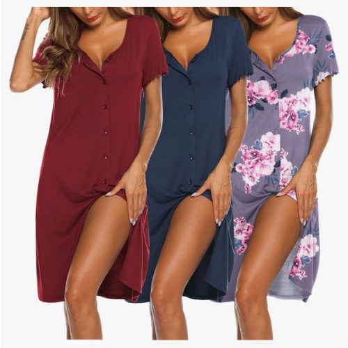 Ekouaer 3 Pack Women's Button Down Nightgowns Short Sleeve Night Shirts for Women Sleepwear V Neck Sleep Dress