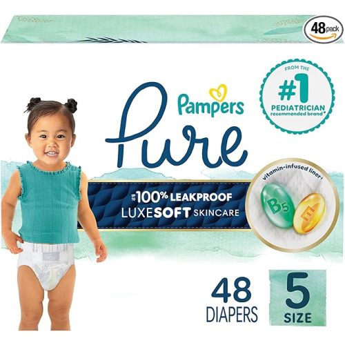 Pampers Pure Protection Baby Diapers, Size 5 (27+ lbs), 48 Count, Up to 100% Leakproof, Premium Plant-based Skin Protection, Hypoallergenic Soft Diapers