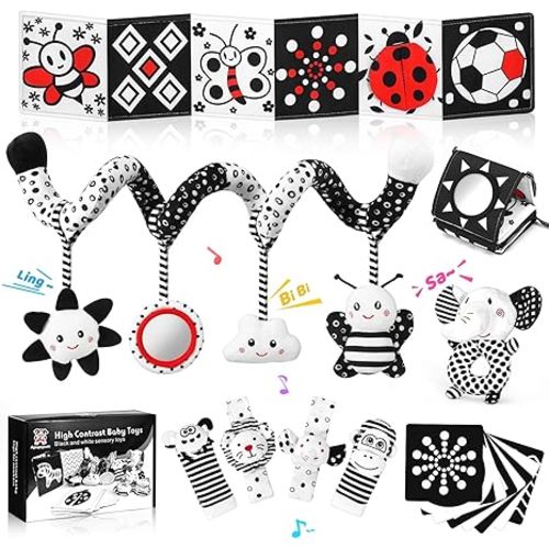 Newborn car Toys,High Contrast Black & White Baby Toys 0-6 Months with Sensory Cards & Rattle, Essential for Brain Development, Tummy Time & Car Seat Toys for 0 2 4 6 Month Old