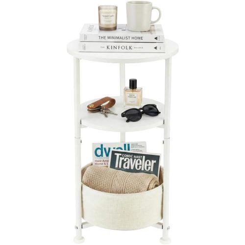 Small Round Side Table with Storage Basket, 3-Tier Narrow End Table Nightstand for Living Room Bedroom, 11.8" Diameter Modern Bedside Table for Small Spaces, Wood Grain & Metal Frame (White)