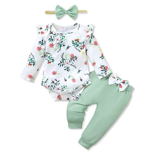 YALLET Baby Girl Clothes Newborn Infant Girl Outfits Floral Romper+Pants+Headband Fall Baby Layettes for Clothing 0-18 Months