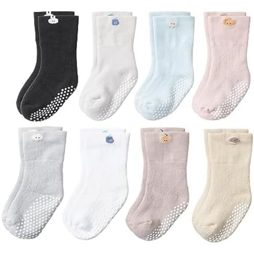 VWU Baby Toddler Kids Ankle Crew Socks with Grips Unisex Warm Thick Cotton Winter Socks 0-10 Years 6/8 Pack