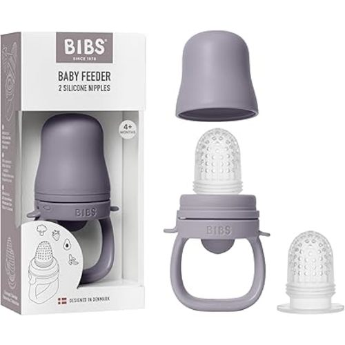 BIBS Baby Feeder with 2 Silicone Nipples, Compatible with Freezer Tray, Easy-Grip, BPA-Free - Ideal for Teething & Self-Feeding, 4+ Months - Fossil Grey