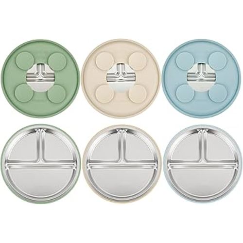 PandaEar 3 Pack Stainless Steel Baby Suction Plates, Divided Toddler Plate for Baby Led Weaning Supplies, Non-Slip Toddler Baby Feeding Set Dishwasher Safe (Blue/Green/Brown)