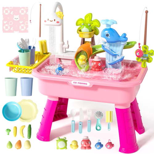 JoyStone 4-in-1 Toddler Sand & Water Table, 21.25 in Kids Sink Playset with Electric Pump, Fishing Toys & Play Food, Age 3+