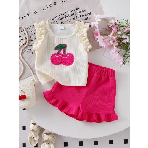 2pcs Baby Girl Summer Fashionable Cherry Embroidery Sleeveless Top And Ruffle Elastic Waist Shorts Set | SHEIN USA