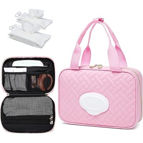 Diaper Bag Organizer with 2 Pieces Wipes Dispensers, Portable Stroller Mini Diaper Bag Pouches Travel Gear, Foldable Newborn Baby Essentials, Small Clutch, PInk