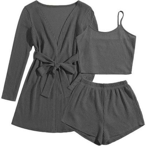 Ekouaer Pajamas for Women Set 3 Piece Lounge Set Soft Pajama Sets Waffle Knit Tank Top and Shorts Cardigan with Pockets Grey L
