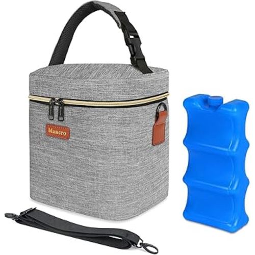 Mancro Baby Bottle Bag with Insulated Cooler, Fits 6 Baby Bottles Up to 9 Ounce with Ice Pack, Breastmilk Cooler Bag with Adjustable Shoulder Strap for Easy Carrying, Grey