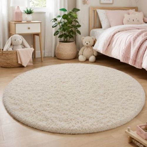 Ophanie 5ft Round Area Rug Plush Shag Rug, Ivory Soft Fluffy Circular Carpet for Bedroom Living Room Nursery