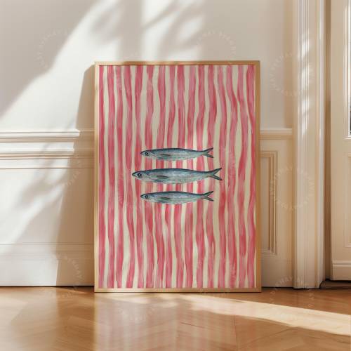 FRAMED Sardines Fish Painted Print Pink Stripe Trendy Aesthetic Kitchen Wall Art Retro Modern Food Home Decor Framed Print