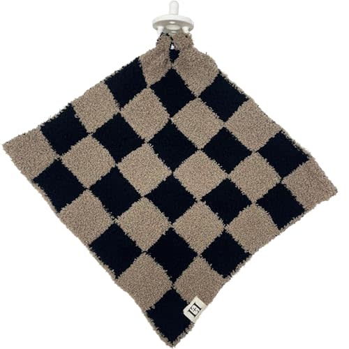 Checkered Baby Lovey Pacifier/Teether Holder 10"x10" - DreamSoft Plush Fluffy Cuddly Soothie Reversible Mini Comfort Blanket - Cute Newborn Gift Essential for Babies Boys and Girls (Black/Brown)