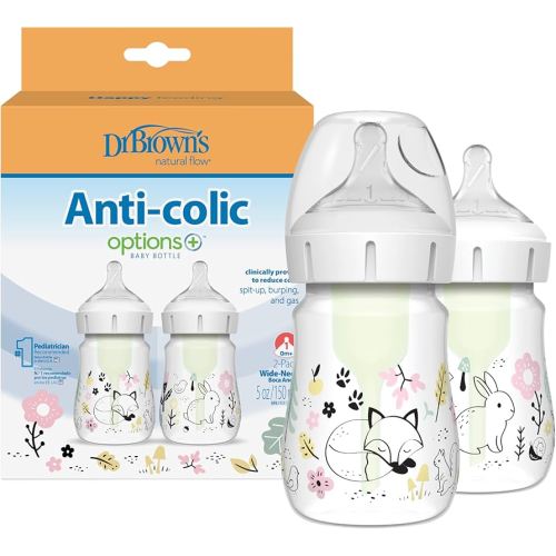 Dr. Brown’s Natural Flow® Anti-Colic Options+™ Wide-Neck Baby Bottle Designer Edition Bottles, Woodland Decos, 5 oz/150 mL, Level 1 Nipple, 2-Pack, 0m+