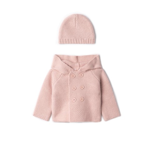 Cozy Knit Button-Front Hooded Jacket and Matching Hat Set