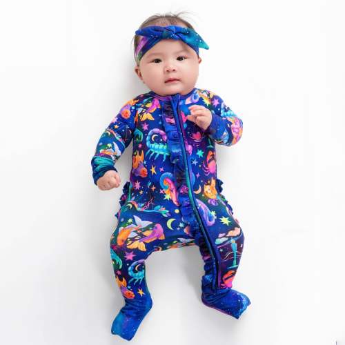 Cosmic Cuddles Zodiac Ruffle baby Romper, unisex baby pajamas, bamboo baby sleepwear, newborn outfit, soft baby clothes,gender neutral outfit – Jammie Session