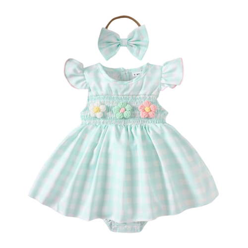 Rhoudy Summer Bodysuit For Girls Round Neck Fly Sleeve Plaid Prints Romper Newborn Floral Onesiess Dress Headbands Set Green 0-3 Months