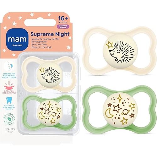 MAM Supreme Baby Pacifier, Newborns 16+ Months, Developed with Orthodontists, Extra Air Flow for Sensitive Skin, Glows in The Dark, BPA-Free Silicone, Sterilizer Case, Pack of 2, Made in Europe