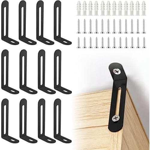 12 Pack Baby Proofing Anti Tip Furniture Anchors Kit - Heavy Duty Steel Wall Anchors for Dresser, Cabinet, Bookcase, Earthquake Safety & Pet Proofing in Nursery, Living Room（Black）