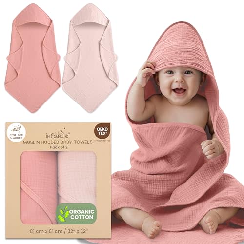 infancie Organic Cotton Muslin Baby Hooded Towels - 32x32 Inch, 2 Pack Newborn Bath Towels for Boys & Girls, Soft & Absorbent Bath Set (Rose/Peach)