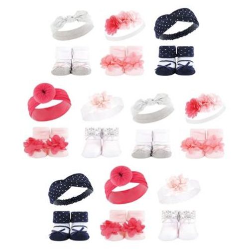 Hudson Baby Infant Girl 20Pc Headband and Socks Giftset, Pink Navy, One Size