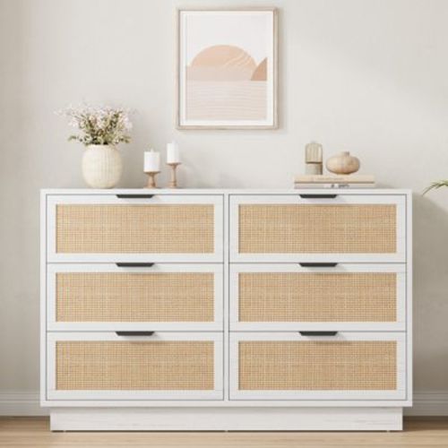 Rattan 6 Drawer Dresser, 47in Wide White 6 Chest of Drawers with Metal Handles and Wooden Sturdy Base for Bedroom Living Room Nursery Closet