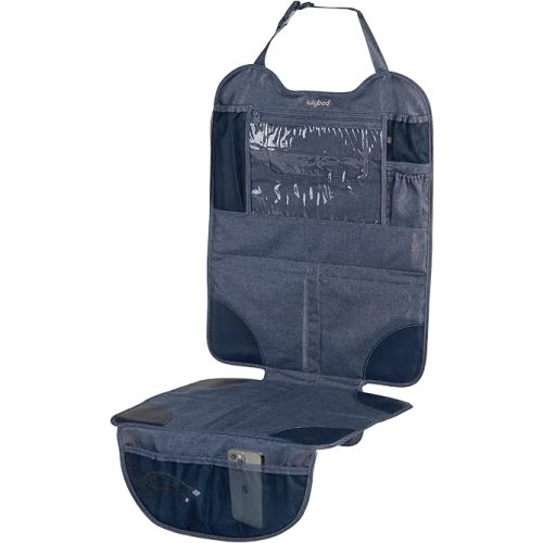 Lulyboo Car Seat Protector & Organizer for Baby - Denim Kick Mat with Extra Storage, Built-in Tablet Holder, Back & Front Facing Shield, Compatible with All Vehicles, Leakproof & Easy to Install