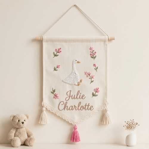 Personalized Goose Nursery Wall Hanging, Hand Embroidered Baby Name Banner with Floral Details, Lace Trim and Tassels
