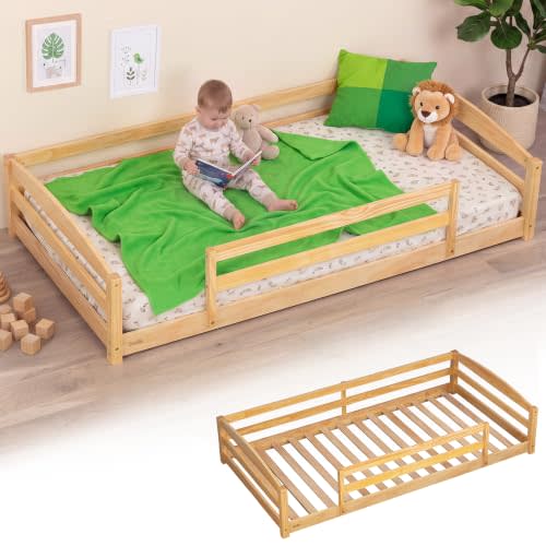 Twin Floor Bed with Safety Guardrails, 2 Openings and 14 supportive slats | Montessori-inspired toddler floor bed with solid pine wood and plywood construction supports 400lbs. Easy to assemble-Varnish