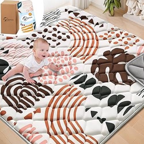 Baby Play Mats for Floor, 47x47 Playpen Mat for Babies, Extra Thicker & Soft Floor Crawling Mat, Foldable Non-Slip Playmat for Infants Toddlers, Boho Leaf Dark Brown