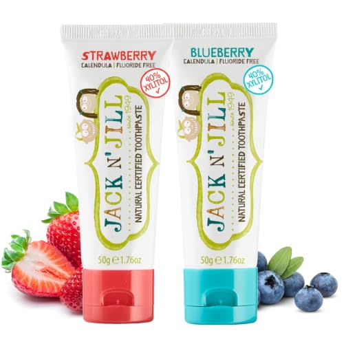 Jack N Jill Natural Toothpaste, Strawberry & Blueberry, 1.76 oz (Pack of 2) | Fluoride Free Kids & Toddlers Toothpaste, Gently Cleans Teeth, Helps Soothe Gums, 40% Xylitol, BPA Free, No Artificial Dyes