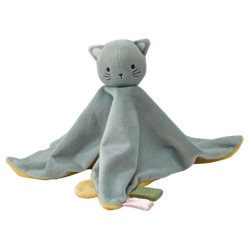 GULDVÄVARE Snuggle blanket with soft toy - blue yellow/cat
