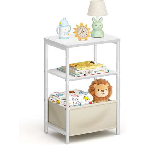 MISSLO Toddler Nightstand with Storage Basket Kids Night Stand with Large Tabletop Nursery Side Table for Living Room Easy Assembly Small End Tables for Small Spaces Toddler Bedroom Decor, White
