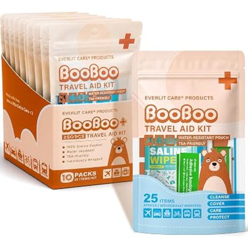EVERLIT CARE Bulk Mini First Aid Kit 10 Pack | Individual Travel Pouches with 25 Sterile Wound Care Essentials | for School, Classroom, Day-Care, Backpack, Sports, Car, Diaper Bag, Party Favors