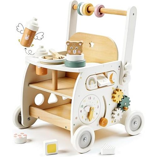 labebe Wooden Baby Walker, Baby Push Walker Doll Stroller, Push Activity Walker for Kids 18M+, Adjustable Speed Learning Walking with Wheels, Birthday Gift for Girls Boys Ages 1-3