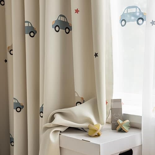 Cartoon Car Pattern Printed Semi Blackout Curtains for Bedroom Living Room
