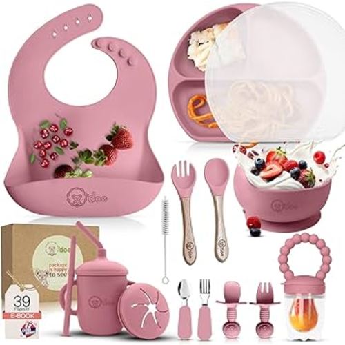 O'doe 17-Piece BPA-Free Silicone Baby Feeding Set | Thick & Soft Suction Plates, Baby Bowls, Wooden Fork & Spoon, and More | Make Mealtime Fun and Easy for Your Little One | Pink, V2