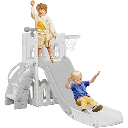 6 in 1 Toddler Slide,Kids Climber Slider for Indoor Outdoor Playground with Basketball Hoop,Storage and Telescope,L Shaped Slide for Toddler Climber Playset