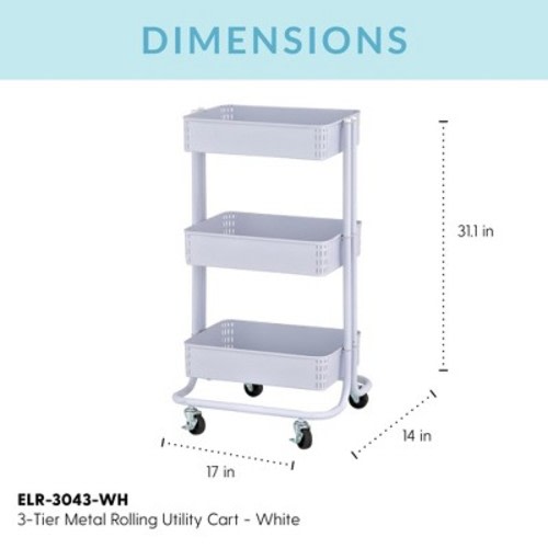 ECR4Kids 3-Tier Metal Rolling Utility Cart - Mobile Storage Organizer, Color: White
